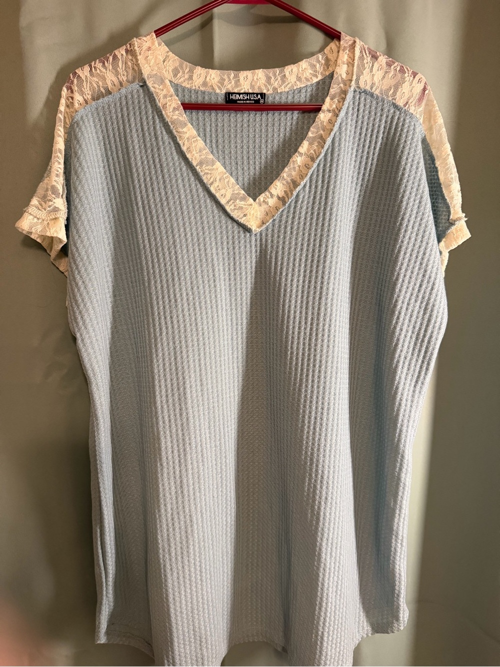 HEIMISH USA Women's Light Blue V-Neck Lace Trim Top